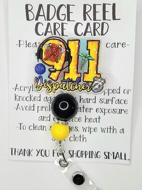 Hand Crafted 911 Dispatcher Badge Reel - Black, Yellow, Blue